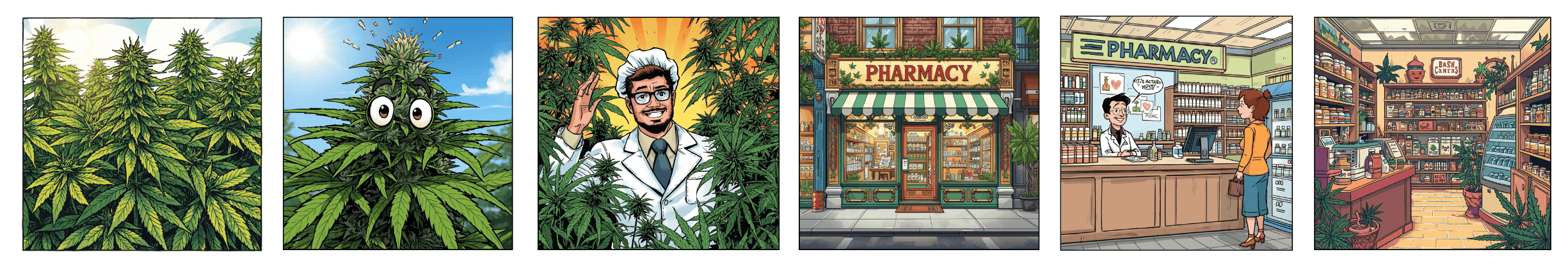 Comic-Darstellung von Hanfpflanzen und Apotheke